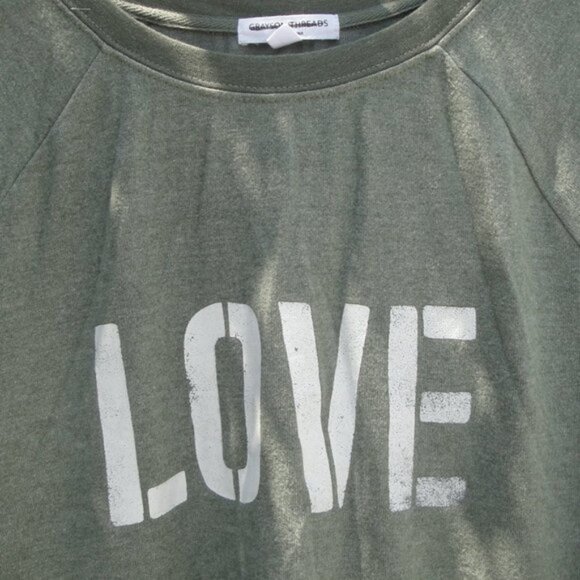 Grayson Shirt Women's Med Green Distressed Long Sleeve Knit "Love" - Picture 3 of 4
